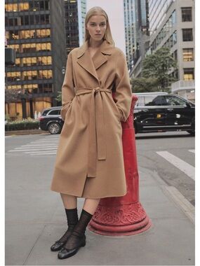 MNG Handmade Wool Coat with Belt in Medium Brown Camel Wool Long City Chic Basic